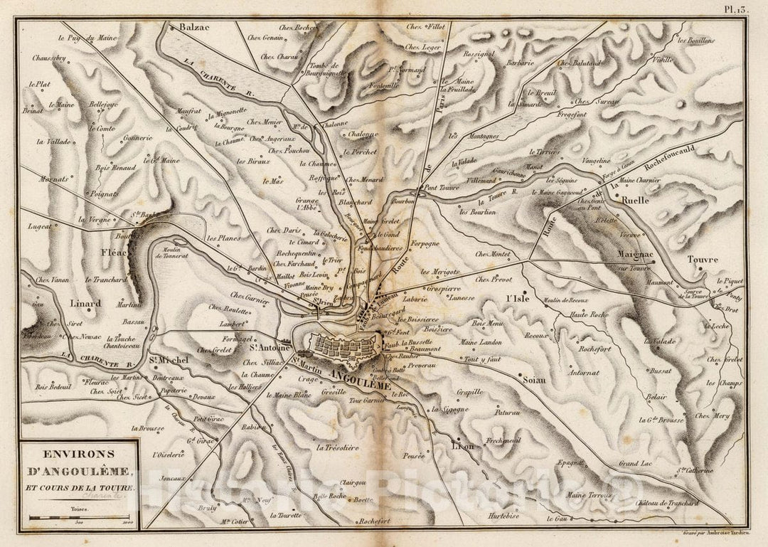 Historic Map : France, Angouleme Region , France Environs d'Angouleme, et Cours de la Touvre. Grave par Ambroise Tardieu, 1827 Atlas , Vintage Wall Art