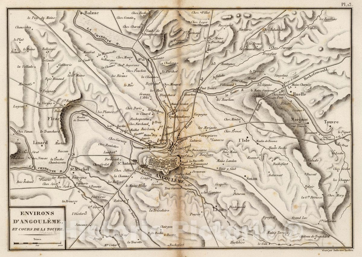 Historic Map : France, Angouleme Region , France Environs d'Angouleme, et Cours de la Touvre. Grave par Ambroise Tardieu, 1827 Atlas , Vintage Wall Art
