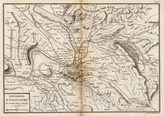 Historic Map : France, Angouleme Region , France Environs d'Angouleme, et Cours de la Touvre. Grave par Ambroise Tardieu, 1827 Atlas , Vintage Wall Art