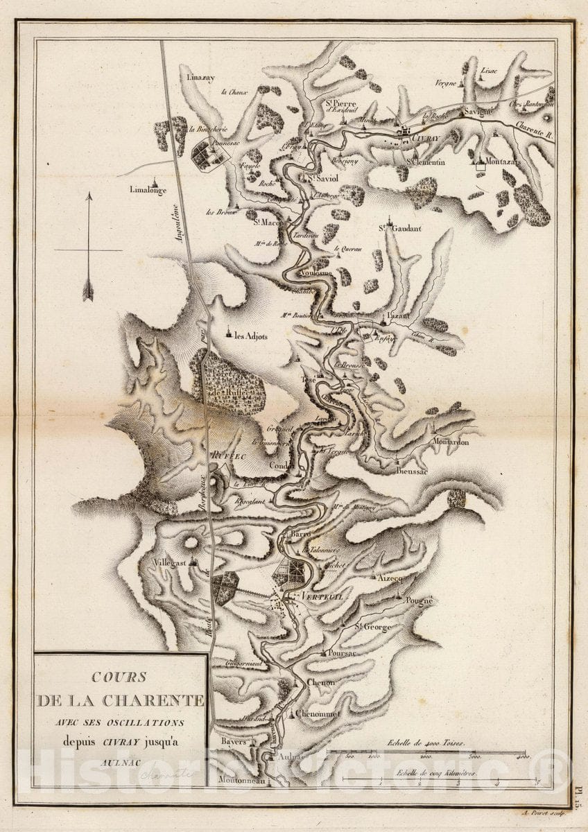 Historic Map : France, Charente River , France Cours de la Charente avec ses oscillations depuis Civray jusqu'a Aulnac, 1827 , Vintage Wall Art