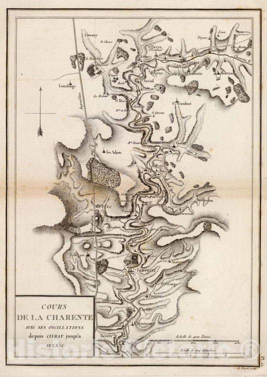 Historic Map : France, Charente River , France Cours de la Charente avec ses oscillations depuis Civray jusqu'a Aulnac, 1827 , Vintage Wall Art