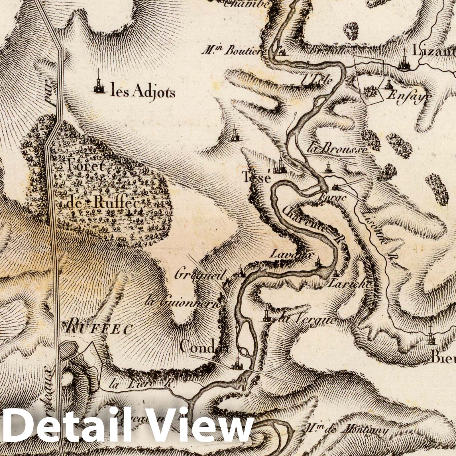 Historic Map : France, Charente River , France Cours de la Charente avec ses oscillations depuis Civray jusqu'a Aulnac, 1827 , Vintage Wall Art
