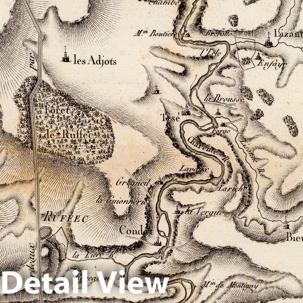 Historic Map : France, Charente River , France Cours de la Charente avec ses oscillations depuis Civray jusqu'a Aulnac, 1827 , Vintage Wall Art