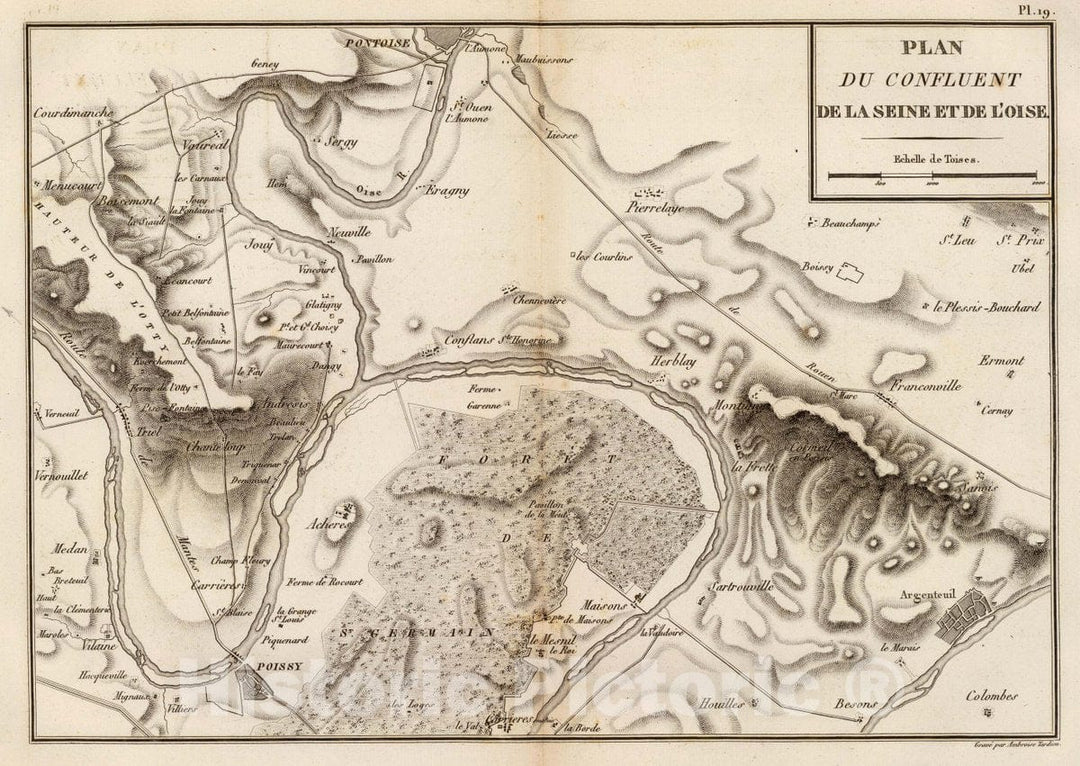 Historic Map : France, Oise River Valley , France Plan du confluent de la Seine et de l'Oise. Grave par Ambroise Tardieu, 1827 , Vintage Wall Art
