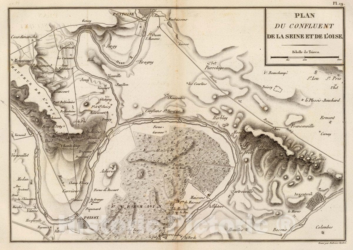 Historic Map : France, Oise River Valley , France Plan du confluent de la Seine et de l'Oise. Grave par Ambroise Tardieu, 1827 , Vintage Wall Art