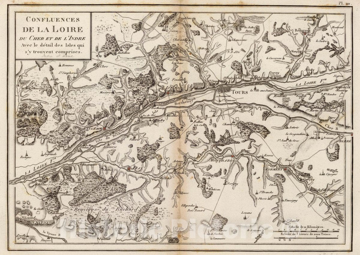 Historic Map : France, Indre River Valley , France Confluences de la Loire du Cher et de l'Indre, avec le detail des isles qui s'y trouvent comprises. 1827 , Vintage Wall Art