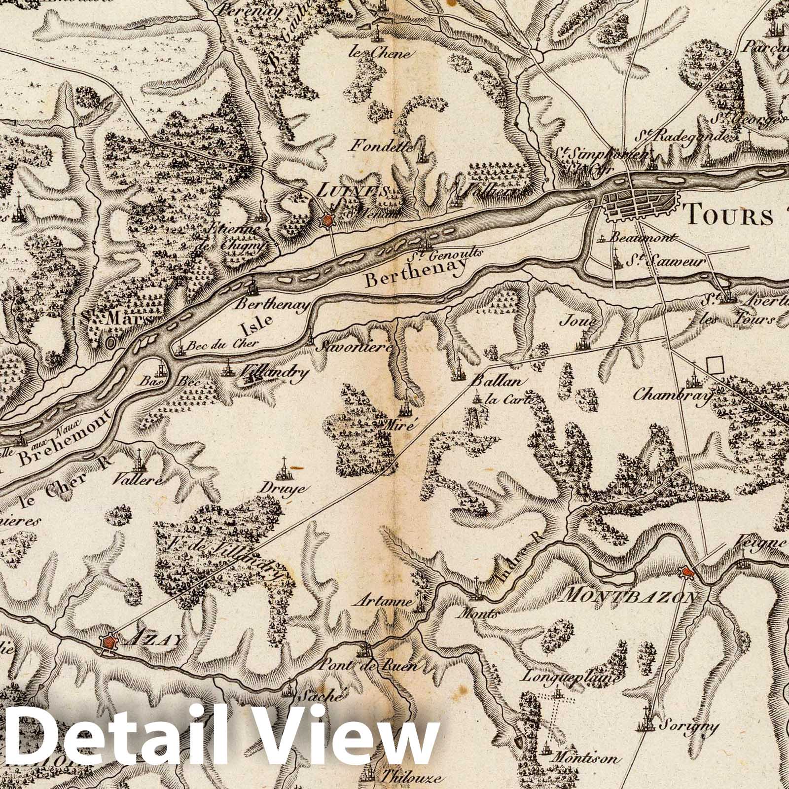 Confluences of the Loire, Cher, and Indre Rivers, France 1827 Historical Map Print