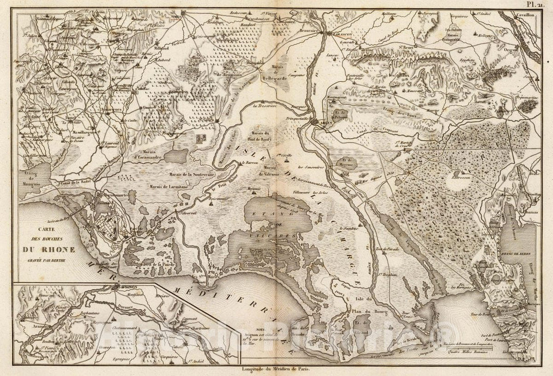 Historic Map : France, Bouches-du-Rhone , France Carte des bouches du Rhone. Gravee par Berthe, 1827 Atlas , Vintage Wall Art