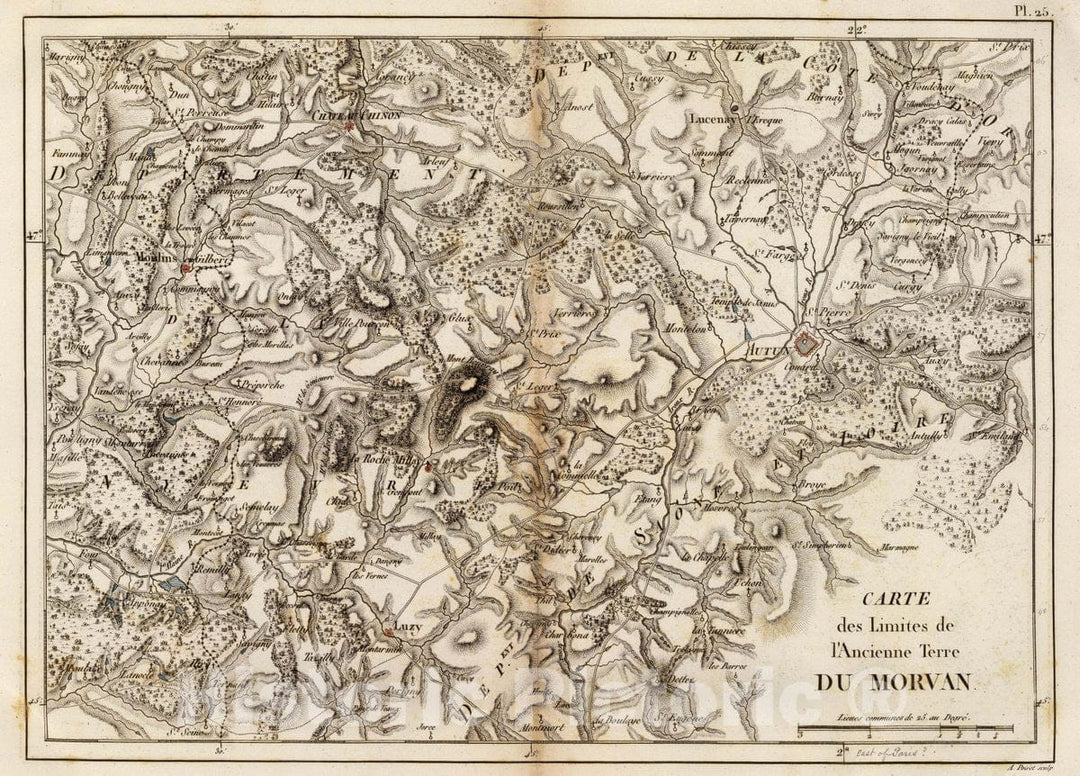 Historic Map : France, Morvan , France Carte des limites de l'ancienne terre du Morvan, 1827, Vintage Wall Art