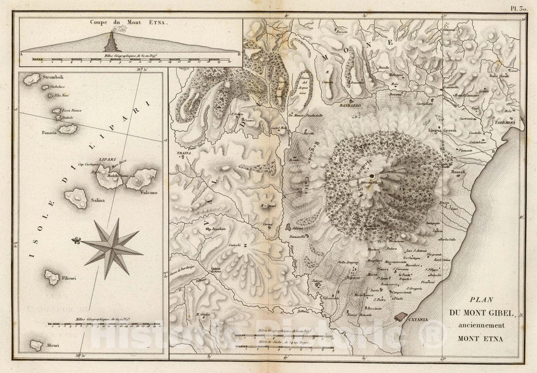 Historic Map : Italy, Etna, Mount (Italy) Plan du Mont Gibel, anciennement Mont Etna. (with) Isole di Lipari. (with) Coupe du Mont Etna, 1827 Atlas, Vintage Wall Art