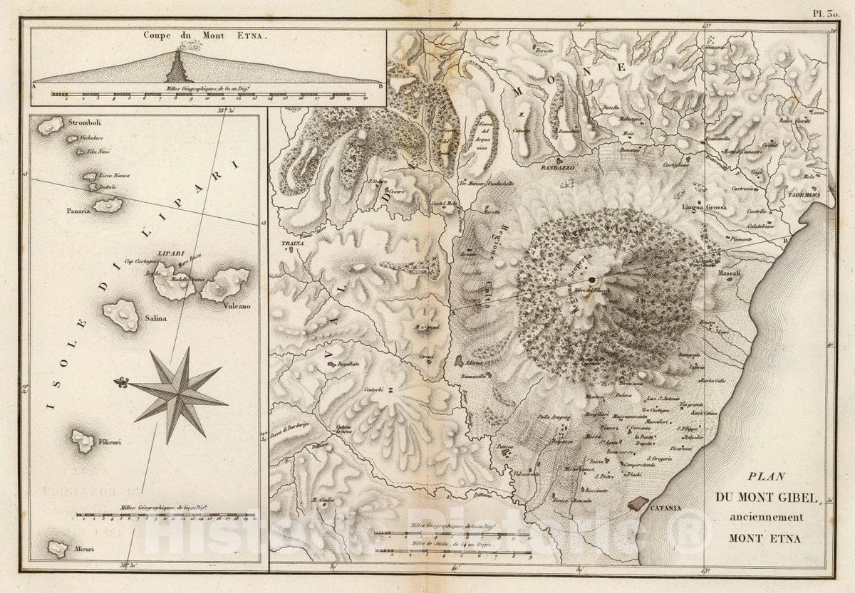 Historic Map : Italy, Etna, Mount (Italy) Plan du Mont Gibel, anciennement Mont Etna. (with) Isole di Lipari. (with) Coupe du Mont Etna, 1827 Atlas, Vintage Wall Art