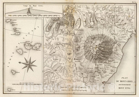 Historic Map : Italy, Etna, Mount (Italy) Plan du Mont Gibel, anciennement Mont Etna. (with) Isole di Lipari. (with) Coupe du Mont Etna, 1827 Atlas, Vintage Wall Art