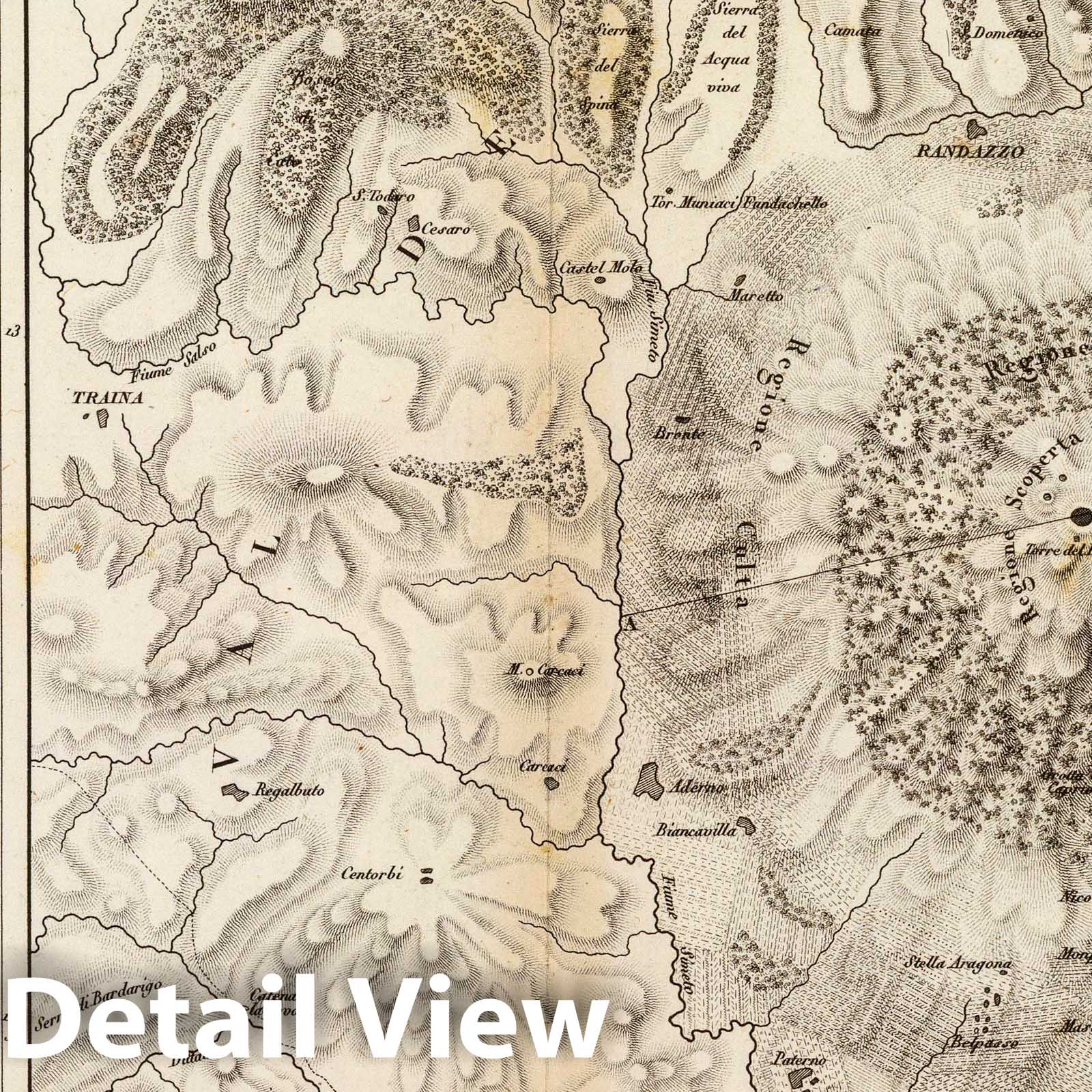 Mount Etna and Lipari Islands, Italy - Physical Map, 1827 - Historical Map Print