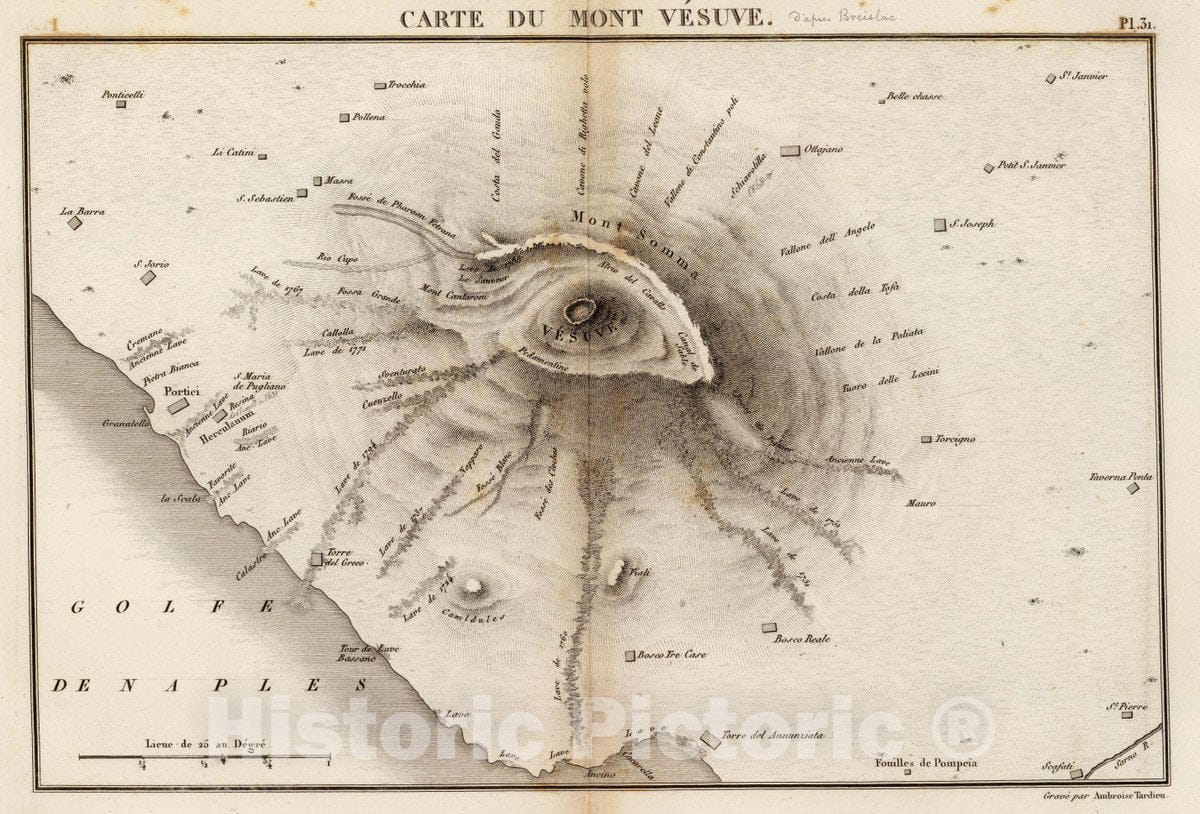 Historic Map : Italy, Vesuvius (Italy) Carte du Monte Vesuve. Grave par Ambroise Tardieu, 1827 Atlas , Vintage Wall Art