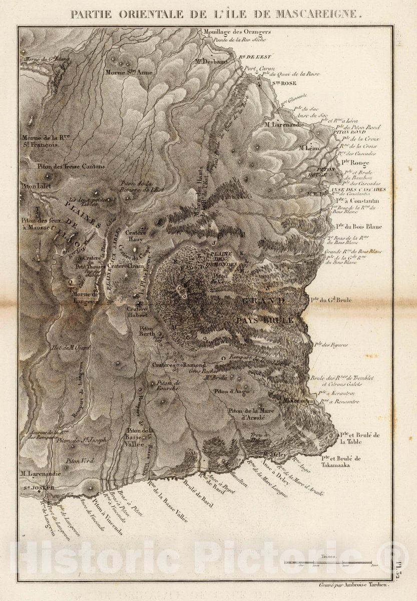 Historic Map : Reunion 1827 Partie orientale de l'ile de Mascareigne. Grave par Ambroise Tardieu. , Vintage Wall Art
