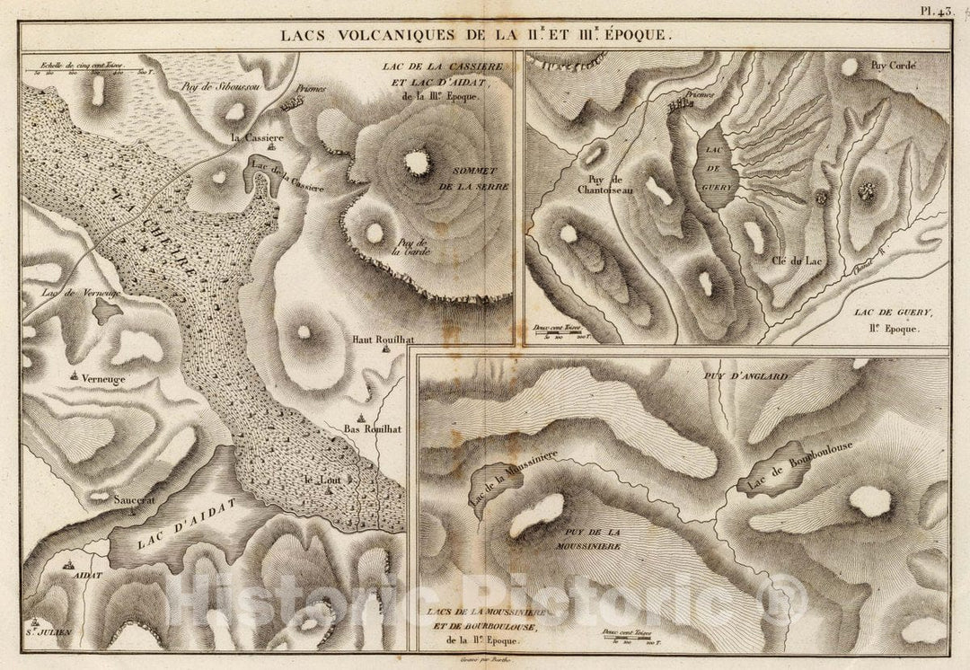 Historic Map : France, Lacs volcaniques de la IIE. et IIIe. Epoque. Grave par Berthe , Vintage Wall Art