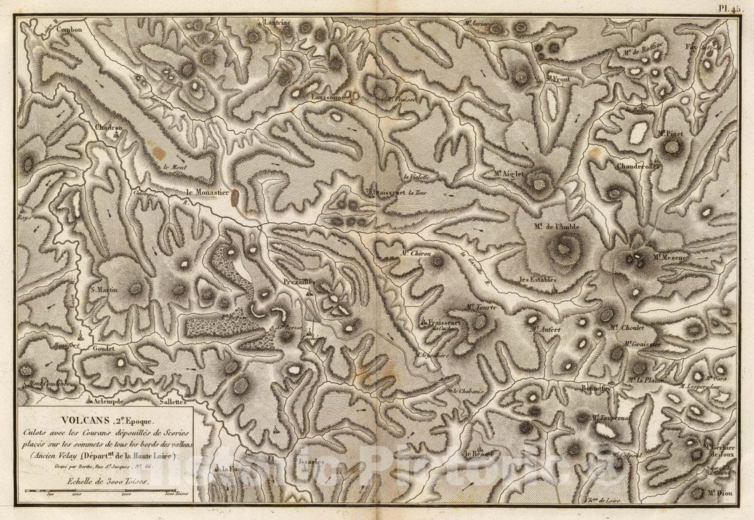 Historic Map : France, Lozere (France : Dept.) Volcans. 2e. epoque. Culots avec les courans depouilles de Scories, 1827, Vintage Wall Art