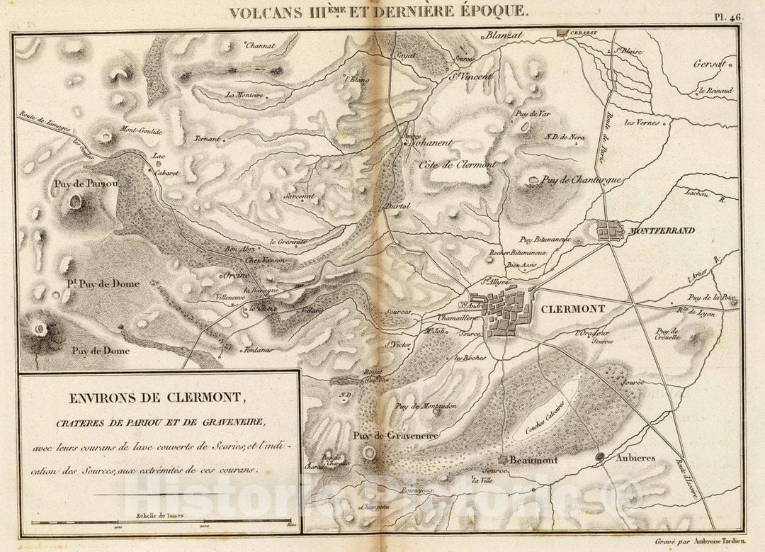 Historic Map : France, Clermont-Ferrand Region , FranceEnvirons de Clermont, crateres de Pariou et de Graveniere, 1827 , Vintage Wall Art
