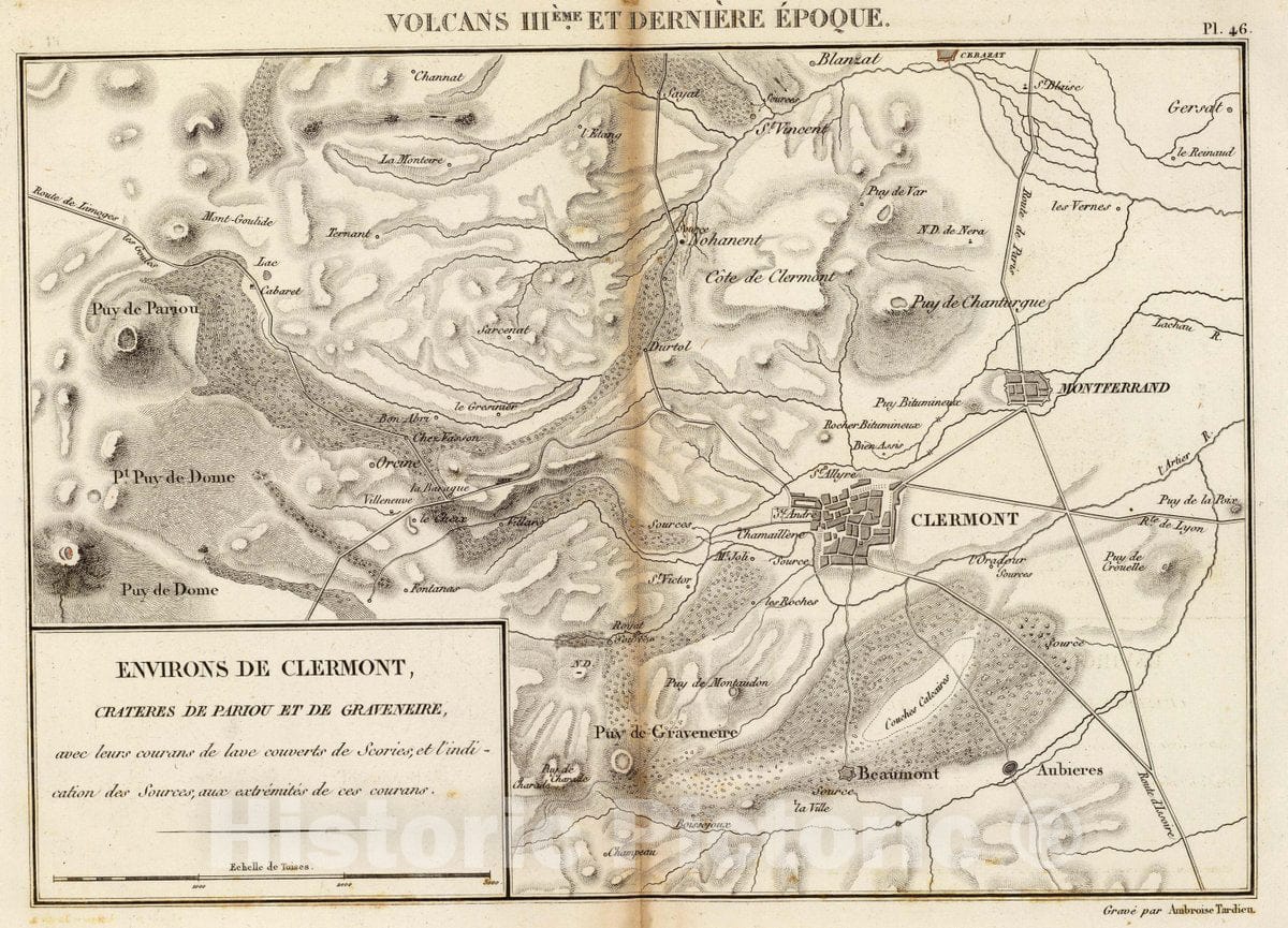 Historic Map : France, Clermont-Ferrand Region , FranceEnvirons de Clermont, crateres de Pariou et de Graveniere, 1827 , Vintage Wall Art