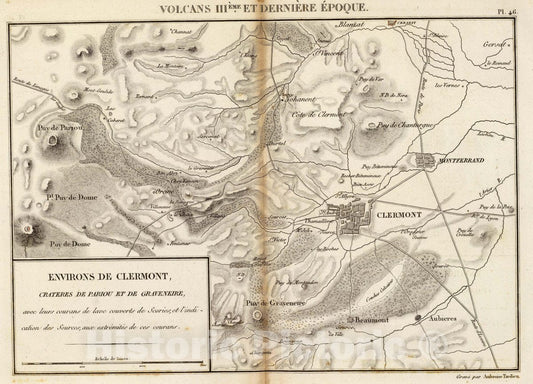 Historic Map : France, Clermont-Ferrand Region , FranceEnvirons de Clermont, crateres de Pariou et de Graveniere, 1827 , Vintage Wall Art