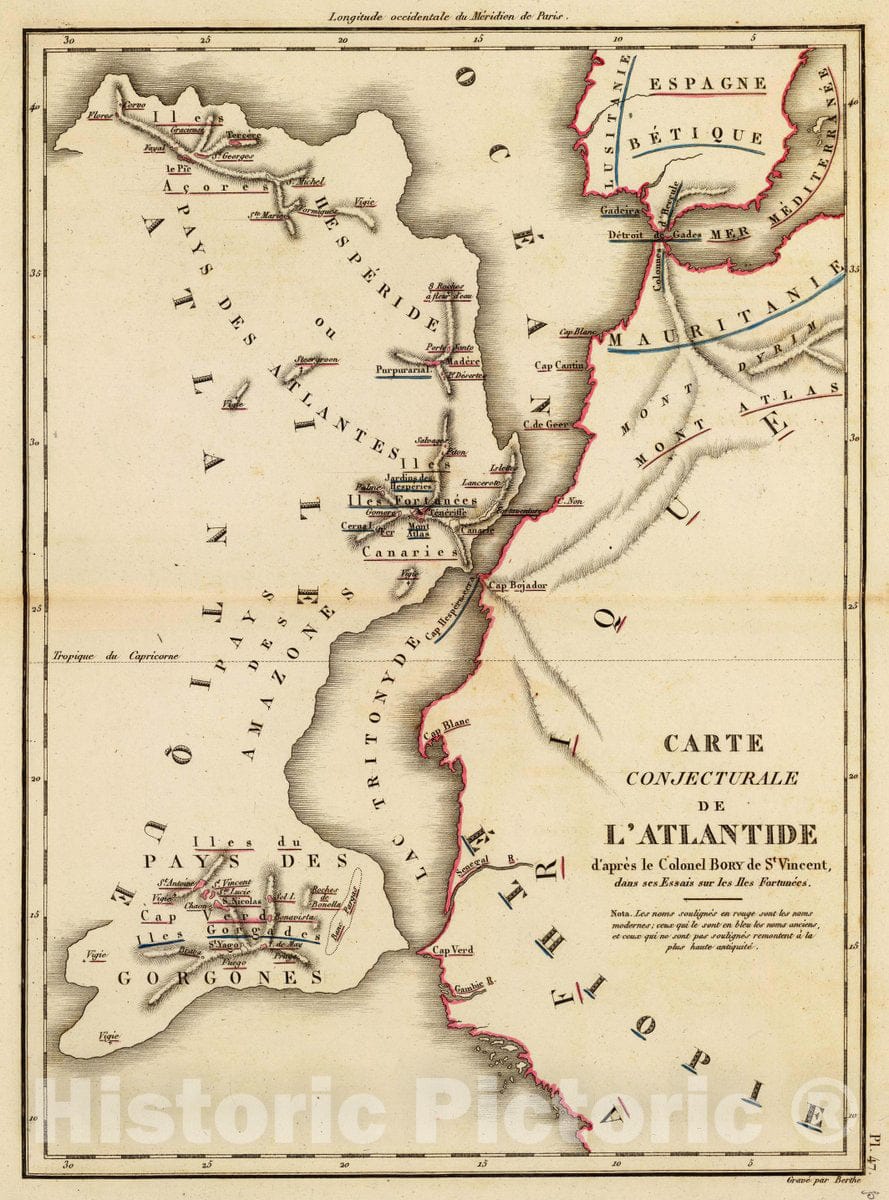 Historic Map : Cape Verde, Azores, Atlantic Conjecturale de l'Atlantide, 1827 Atlas , Vintage Wall Art