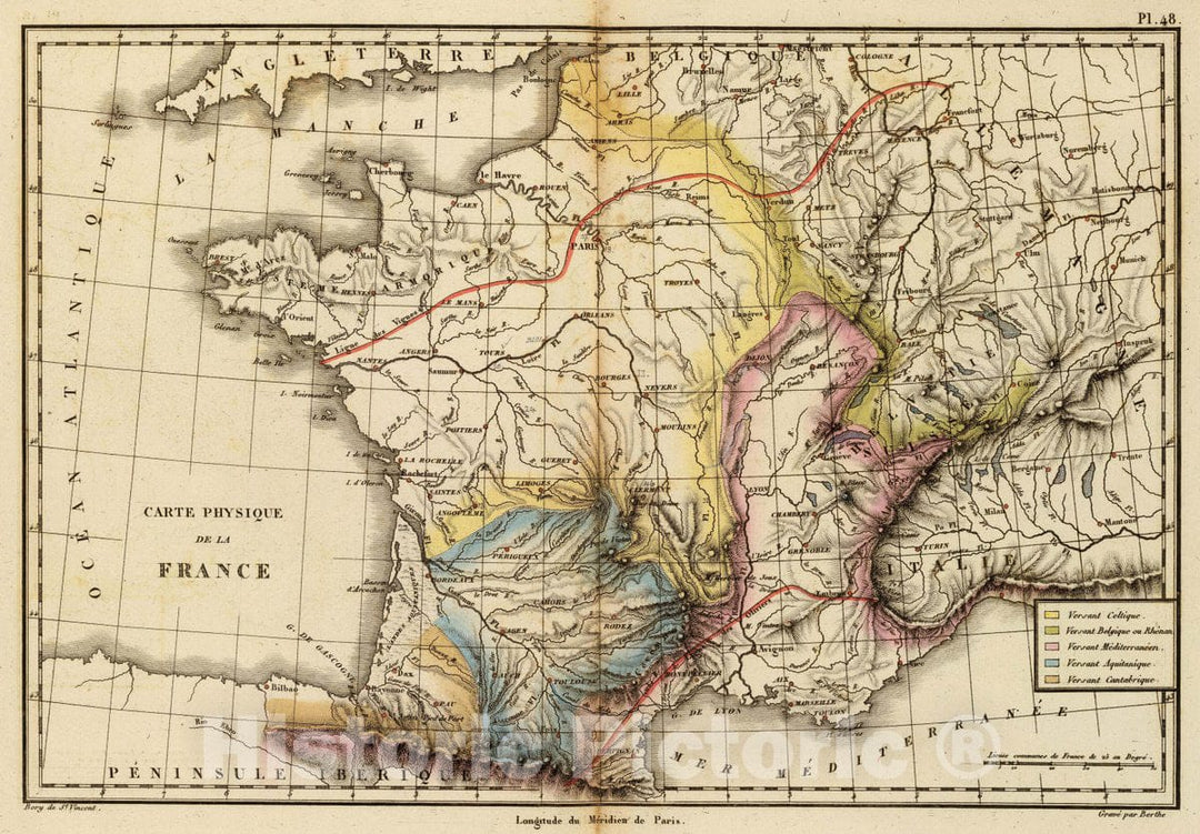 Historic Wall Map : France, Carte physique de la France. St. Vincent. 1827 , Vintage Wall Art