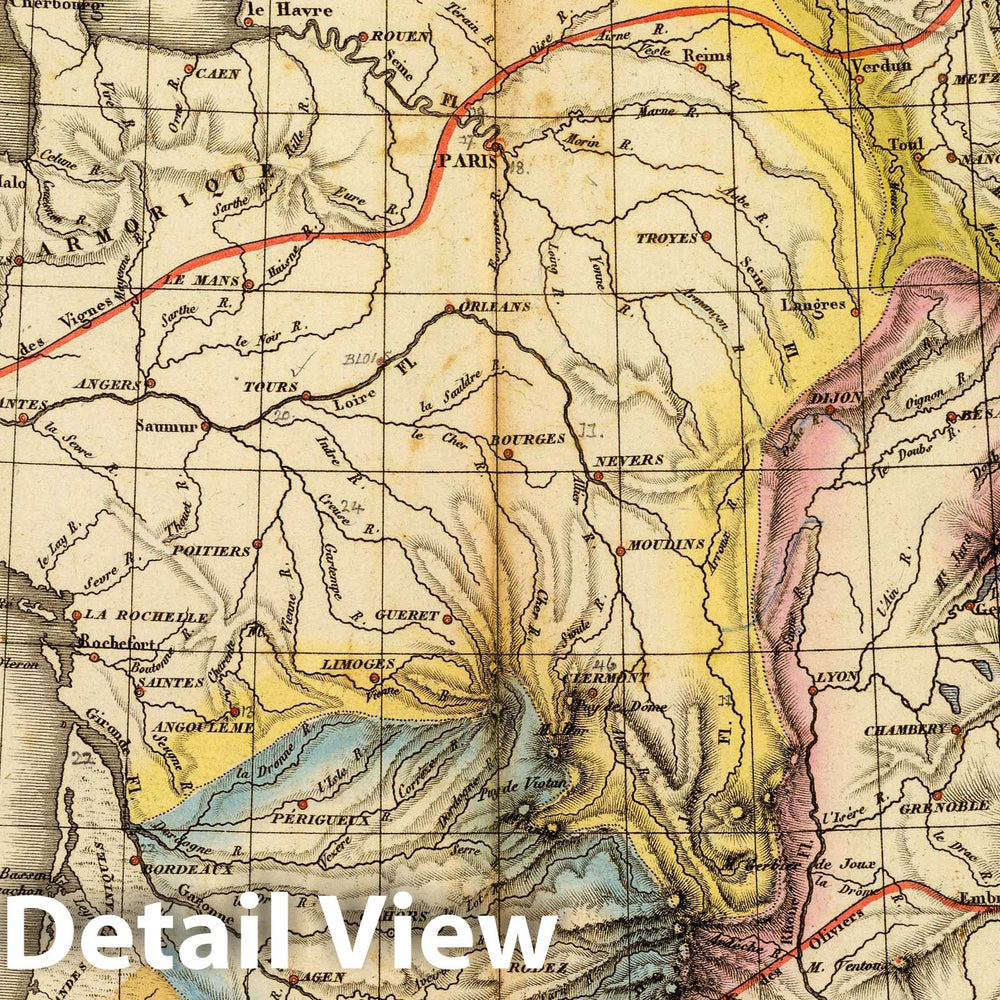 Historic Wall Map : France, Carte physique de la France. St. Vincent. 1827 , Vintage Wall Art