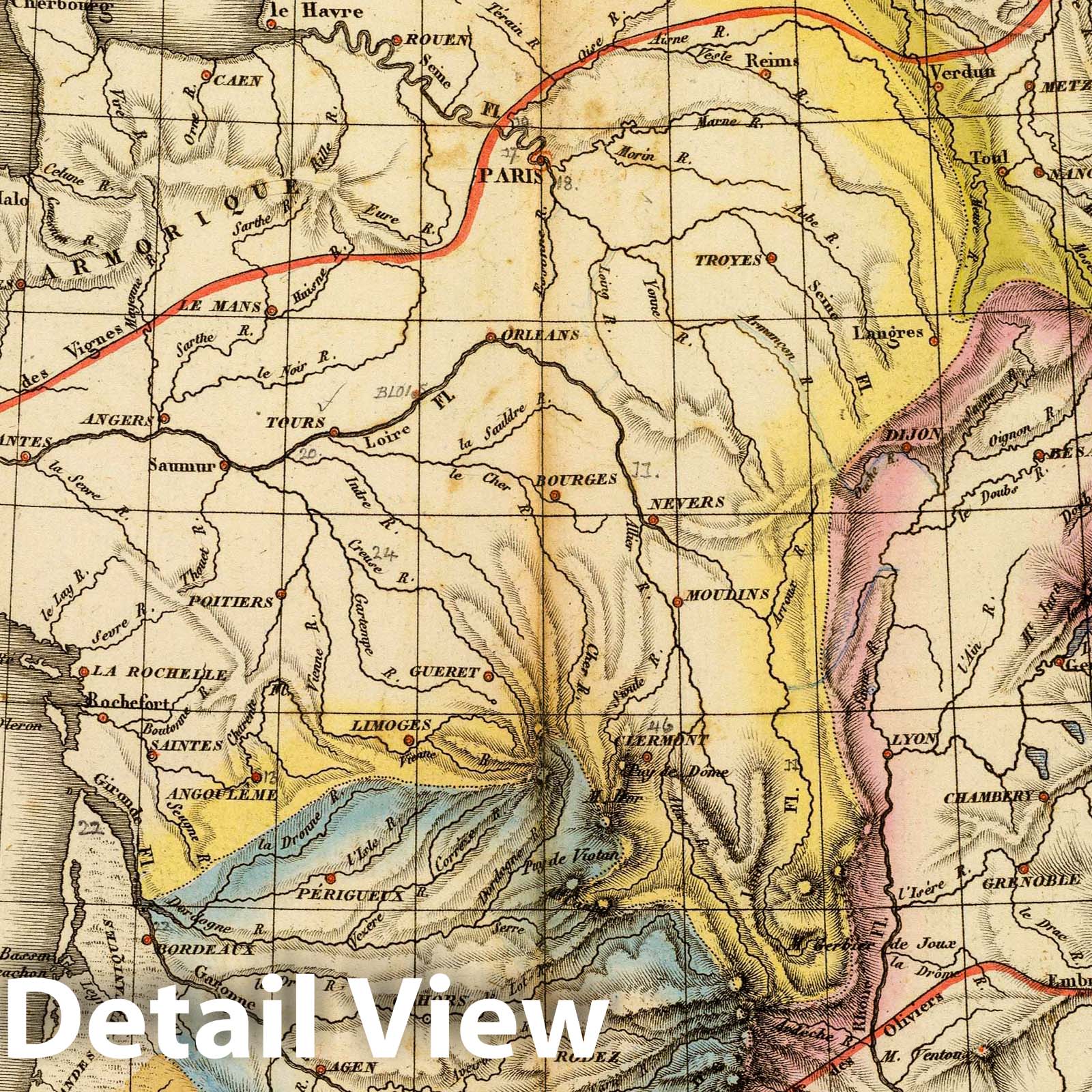 Physical Map of France, 1827 - Historical Topographic Map Print