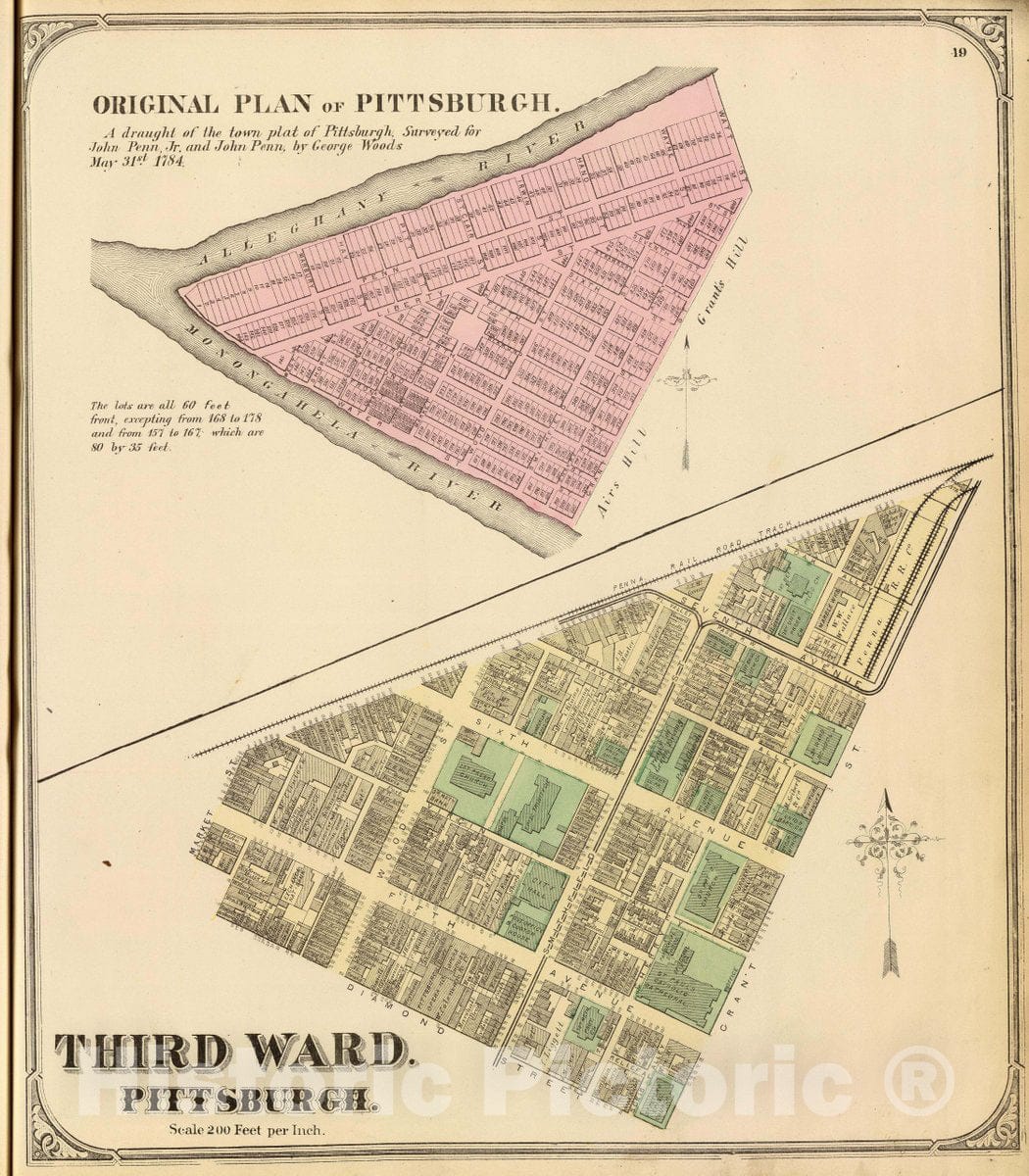 Historic Map : Original plan of Pittsburgh. A draught of the town plat of Pittsburgh. May 31st 1784, 1872 City Atlas - Vintage Wall Art