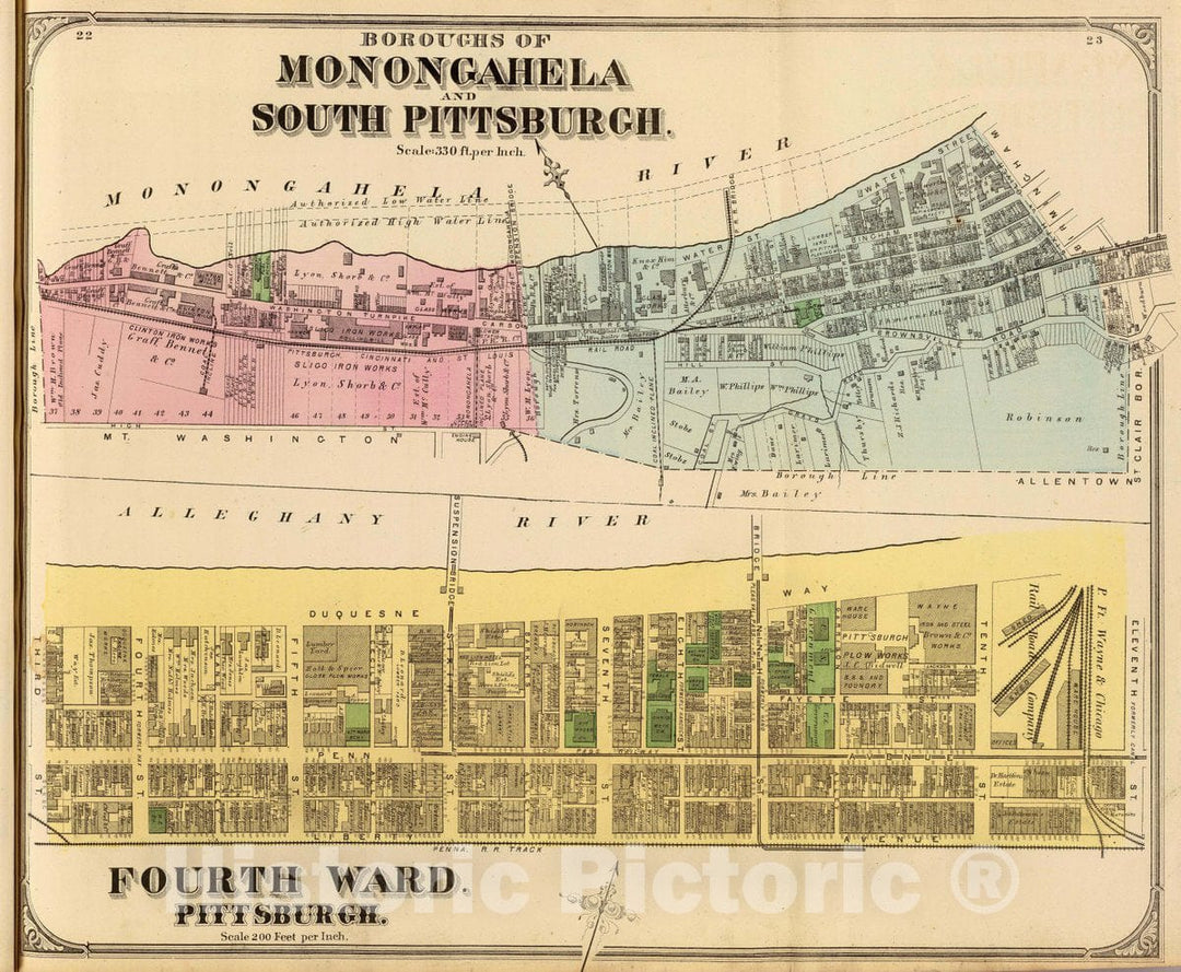 Historic Map : Ward 4; Monongahela, S. Pittsburgh Boroughs, 1872 City Atlas - Vintage Wall Art