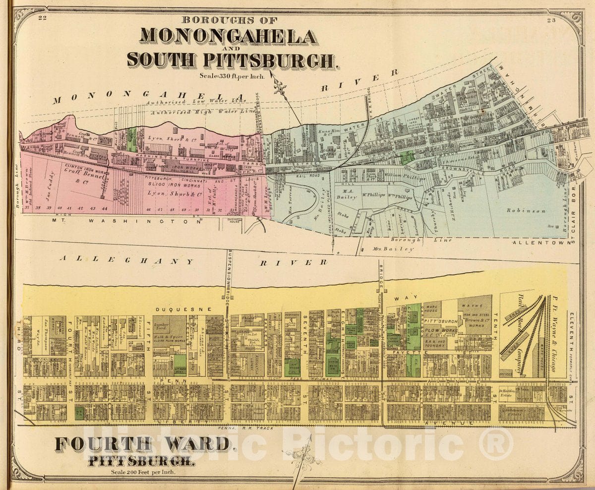 Historic Map : Ward 4; Monongahela, S. Pittsburgh Boroughs, 1872 City Atlas - Vintage Wall Art