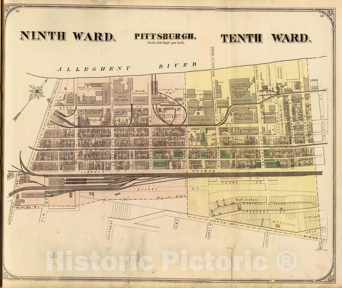 Ninth and Tenth Wards, Pittsburgh - Railroad Map, 1872 - Historical Map Print