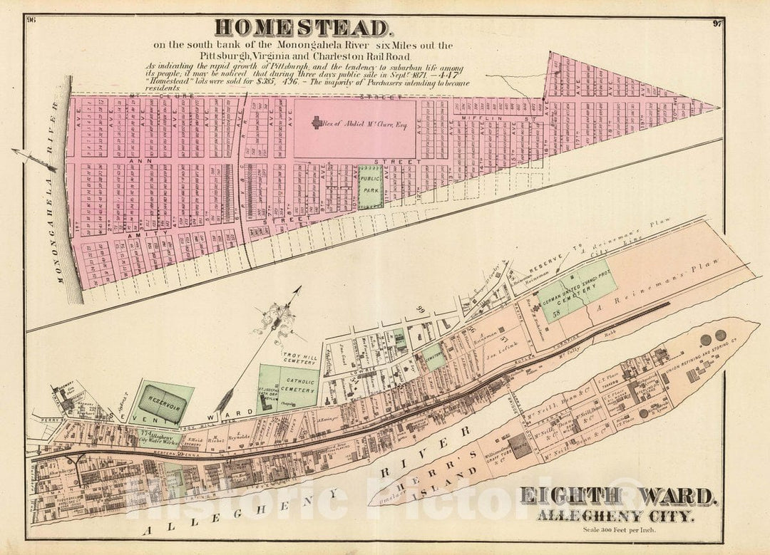 Historic Map : Homestead, on the bank of the Monongahela River six miles out the Pittsburgh, Virginia and Charleston Railroad. Eighth ward, Allegheny 1872 Atlas - Vintage Wall Art