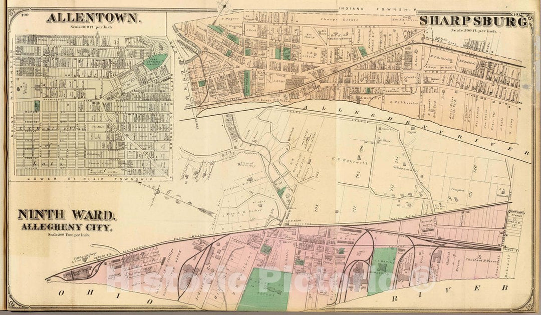 Historic Wall Map : 1872 City Atlas - Sharpsburg. Ninth Ward, Allegheny City. (with) Allentown. (1872) - Vintage Wall Art