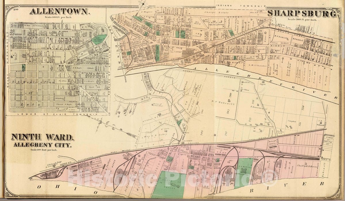 Historic Wall Map : 1872 City Atlas - Sharpsburg. Ninth Ward, Allegheny City. (with) Allentown. (1872) - Vintage Wall Art