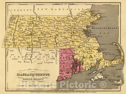 Historic Map : Massachusetts and Rhode Island. Entered 1836, by Eleazer Huntington Connecticut, 1836 Atlas - Vintage Wall Art