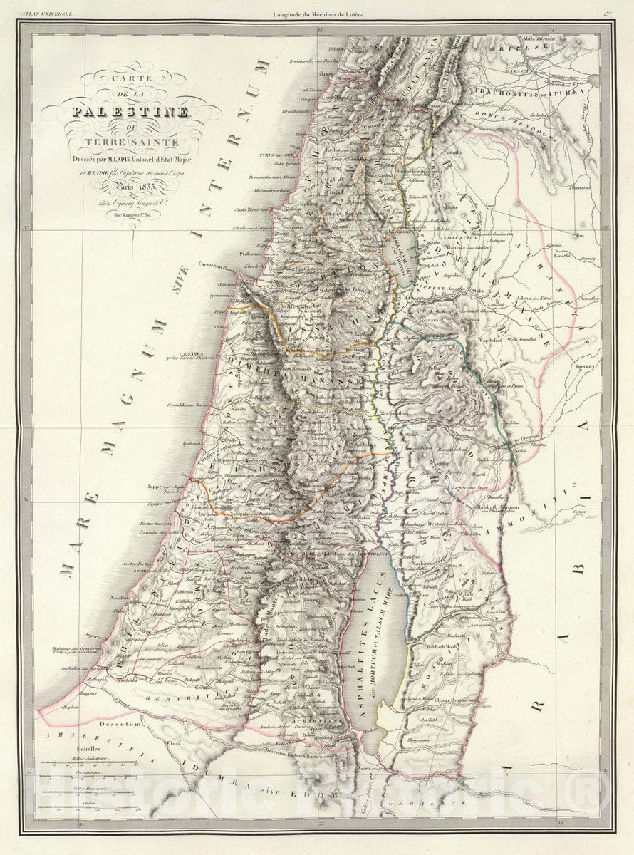 Historic Map : Israel; Palestine, Middle East Carte de la Palestine ou Terre Sainte. , 1833., Vintage Wall Art
