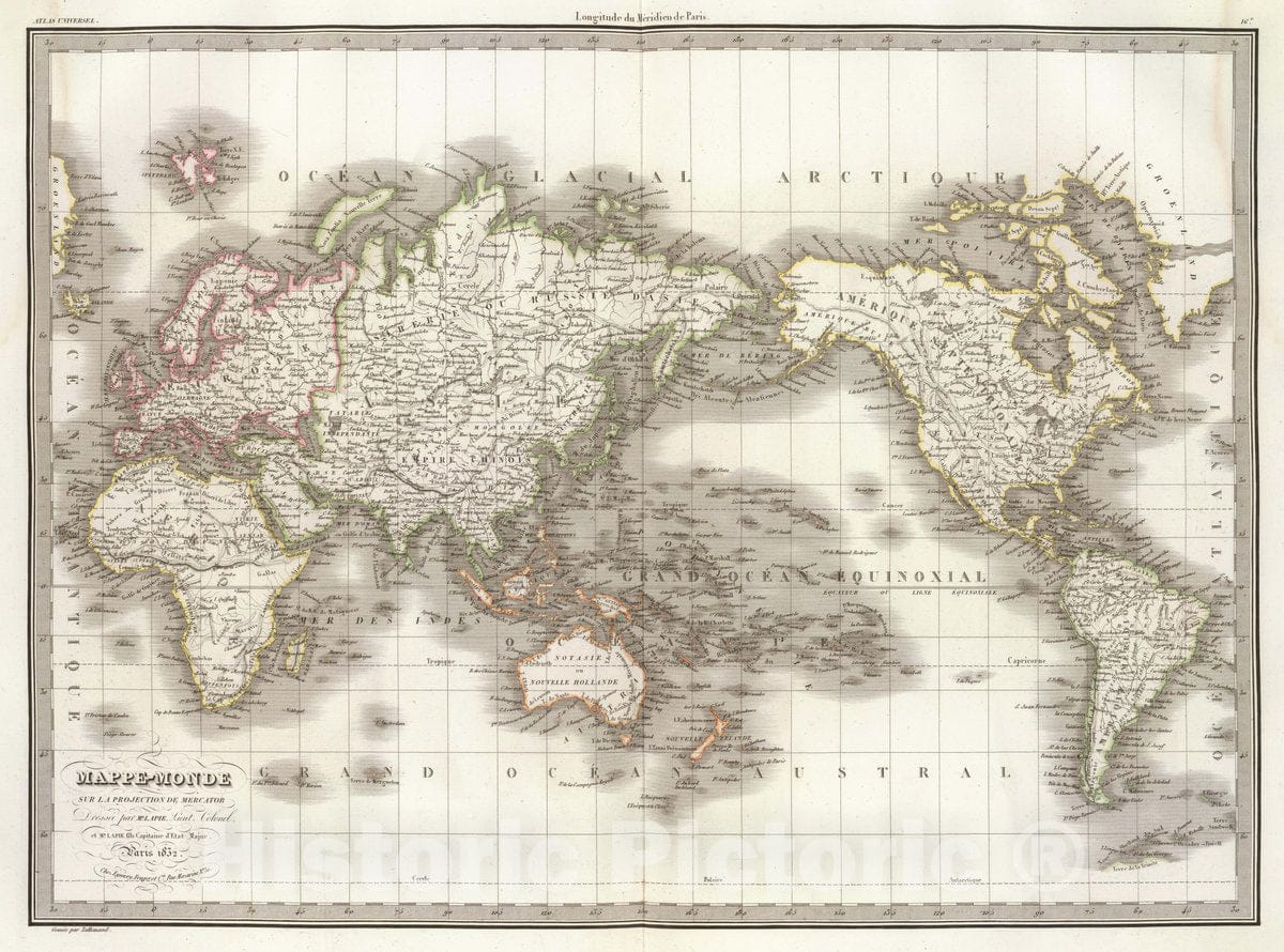 Historic Map : Mappe-Monde sur la Projection de Mercator. Dressee par Mr. Lapie, Lieut. Colonel et Mr. Lapie fils, Capitaine d'Etat Major, 1832 Atlas - Vintage Wall Art