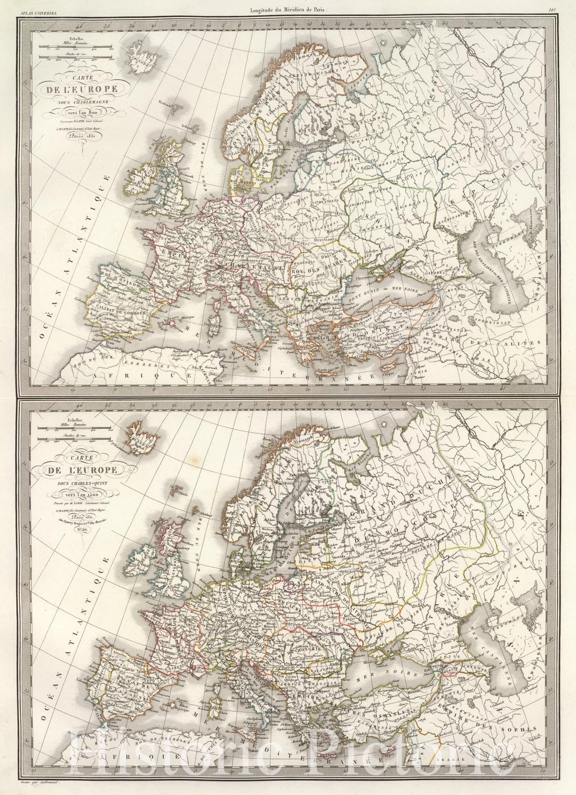 Historic Map : Carte de l'Europe Sous Charlemagne vers l'an 800, 1831 Atlas - Vintage Wall Art
