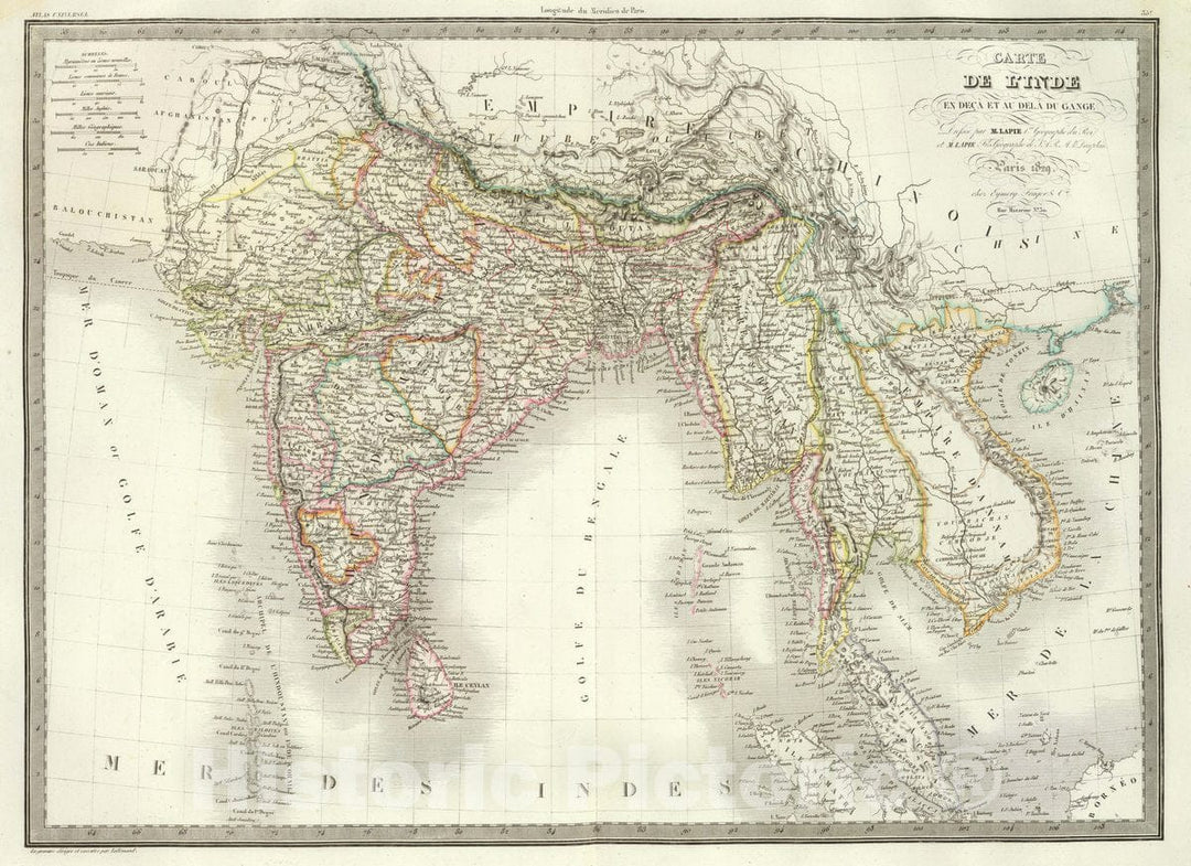 Historic Map : India; Pakistan, South Asia Carte de l'Inde en deca et au dela du Gange, 1829 , Vintage Wall Art