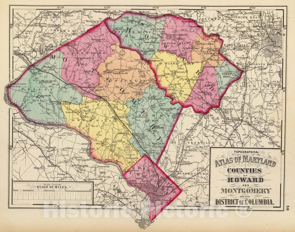 Historic Map : Topographical Atlas of Maryland: Counties of Howard and Montgomery and D.C, 1873 Atlas - Vintage Wall Art