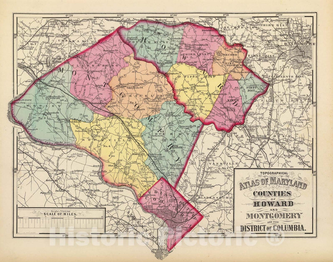 Historic Map : Topographical Atlas of Maryland: Counties of Howard and Montgomery and D.C, 1873 Atlas - Vintage Wall Art