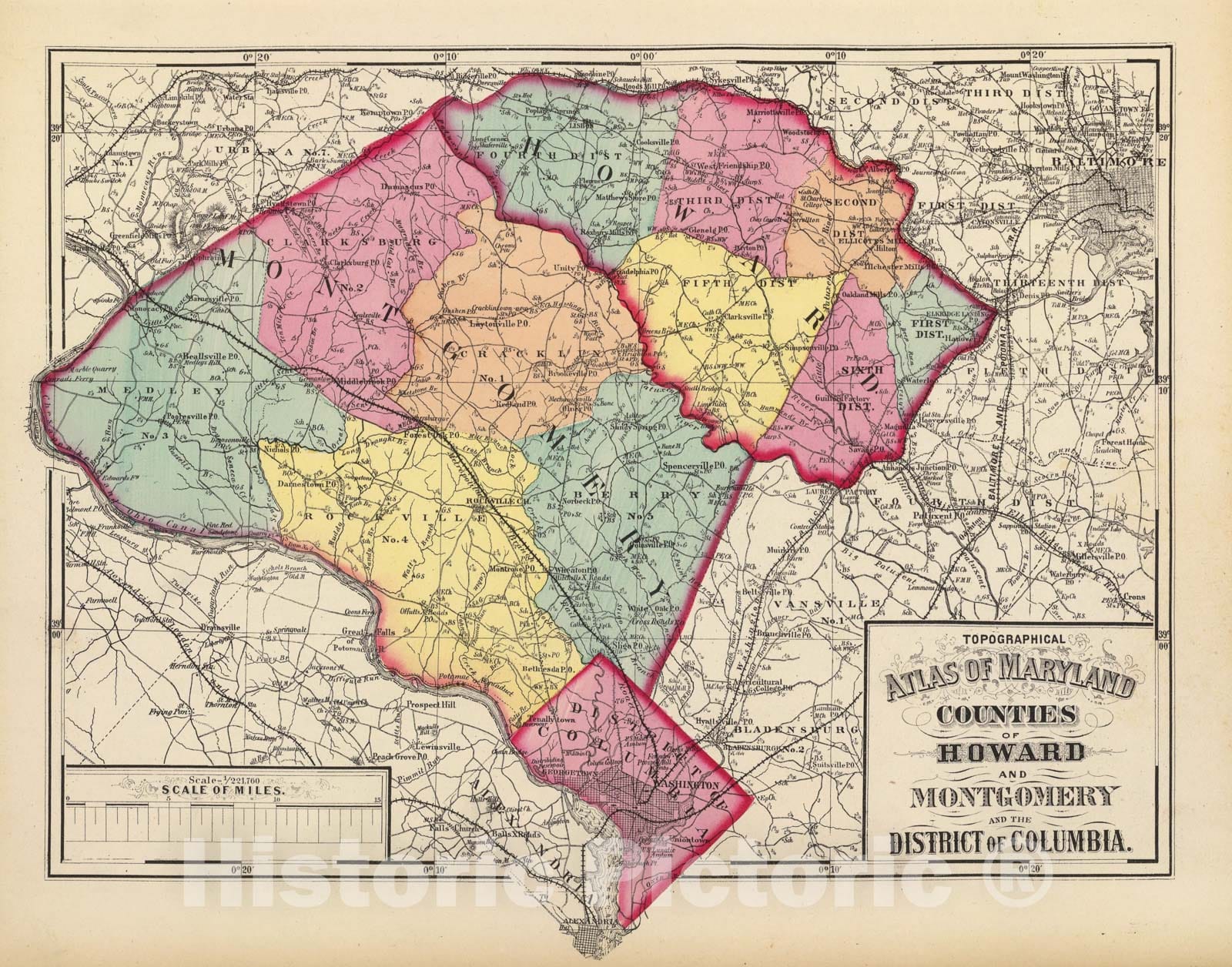 Historic Map : Topographical Atlas of Maryland: Counties of Howard and Montgomery and D.C, 1873 Atlas - Vintage Wall Art