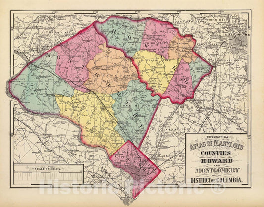 Historic Map : Topographical Atlas of Maryland: Counties of Howard and Montgomery and D.C, 1873 Atlas - Vintage Wall Art