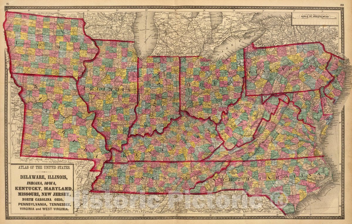 Historic Map - 1873 Delaware, Illinois, Indiana, Iowa North Carolina Tennessee, Virginia. - Vintage Wall Art