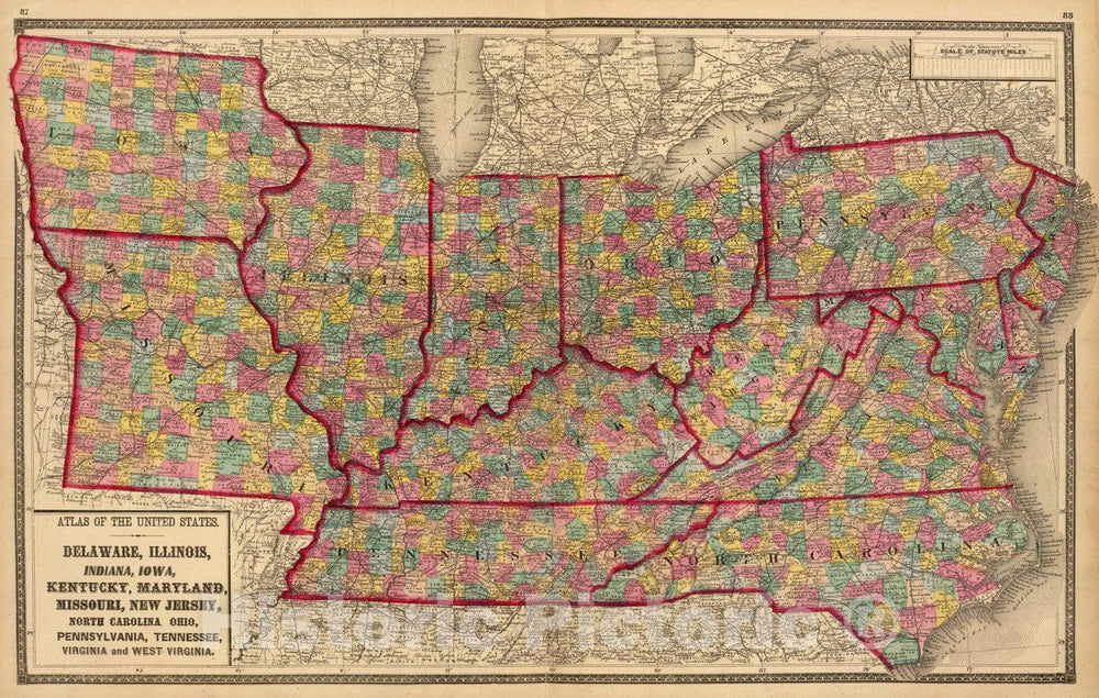 Historic Map - 1873 Delaware, Illinois, Indiana, Iowa North Carolina Tennessee, Virginia. - Vintage Wall Art
