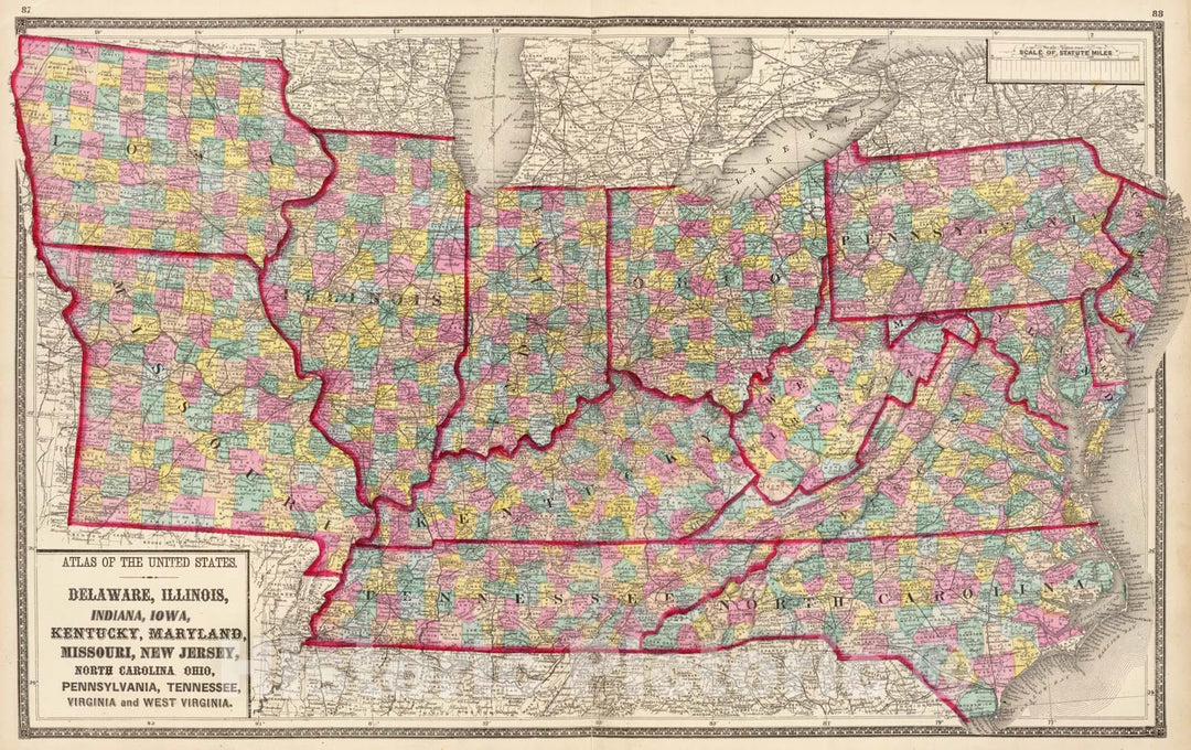Historic Map - 1873 Delaware, Illinois, Indiana, Iowa North Carolina Tennessee, Virginia. - Vintage Wall Art