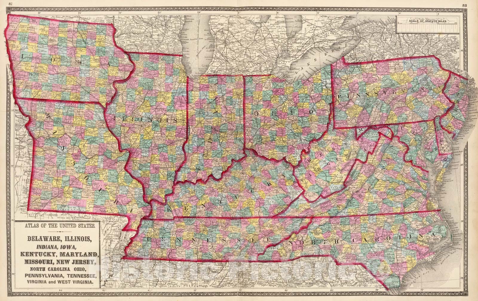Historic Map - 1873 Delaware, Illinois, Indiana, Iowa North Carolina Tennessee, Virginia. - Vintage Wall Art
