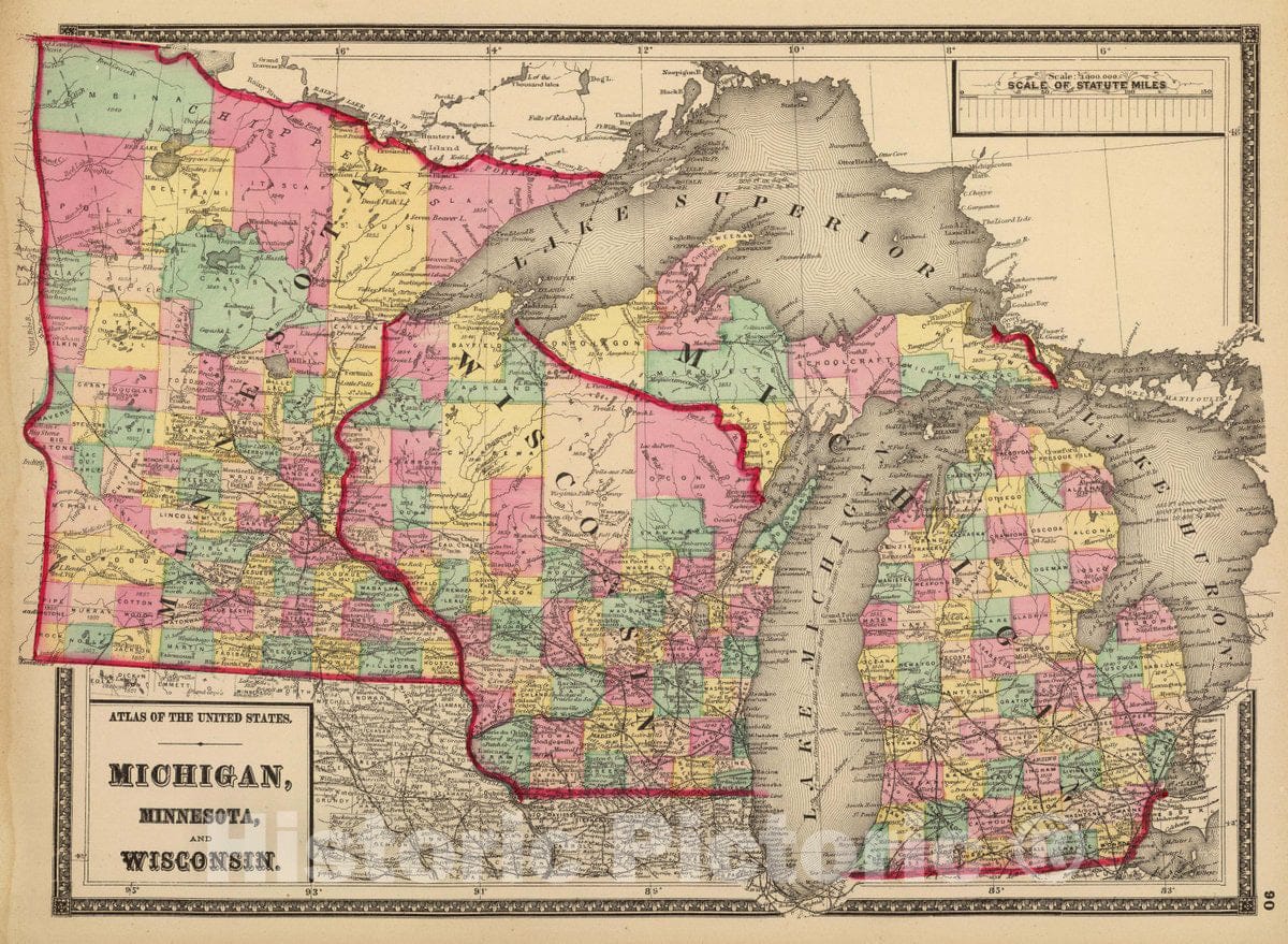 Michigan, Minnesota, and Wisconsin 1873 Historical Map Print