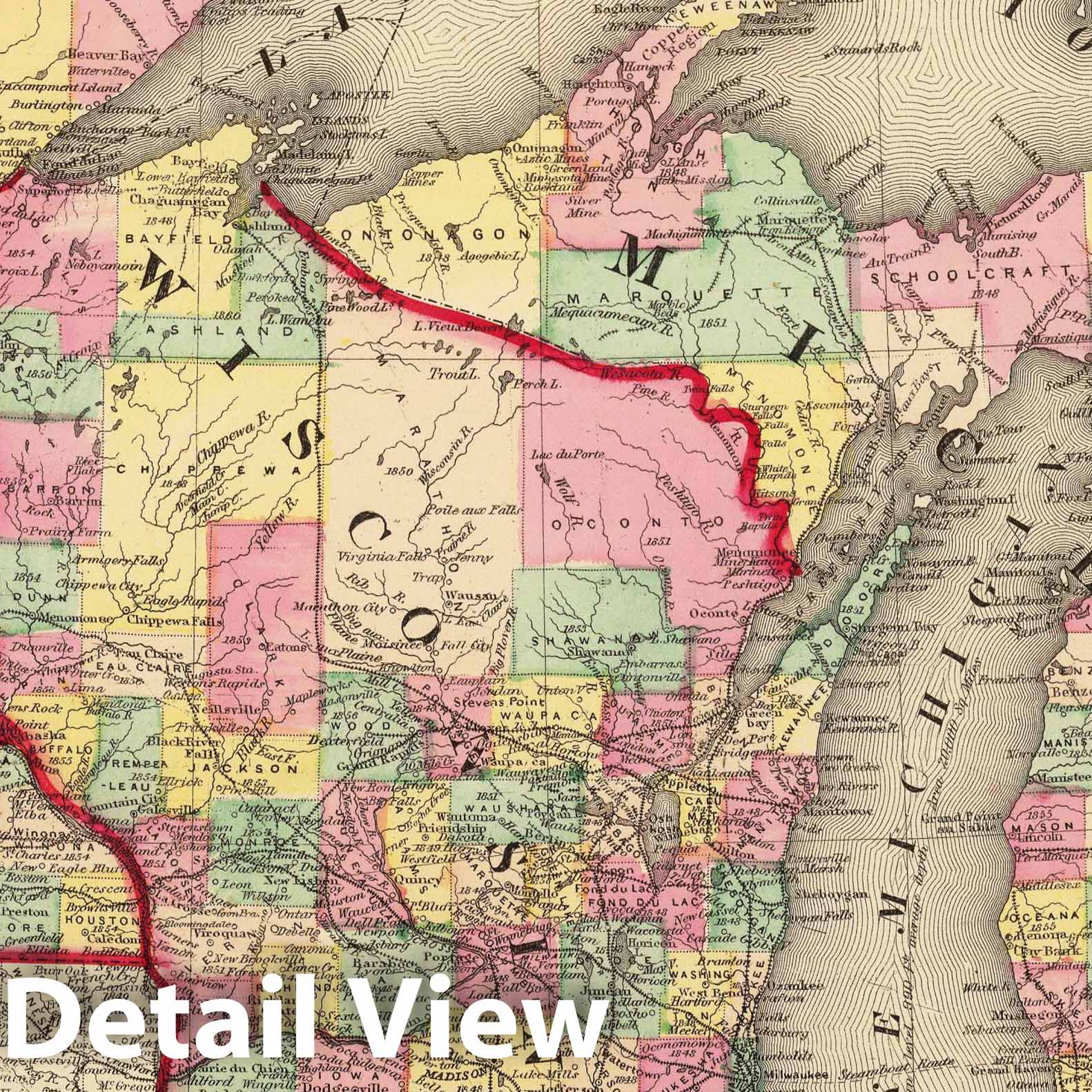 Michigan, Minnesota, and Wisconsin 1873 Historical Map Print